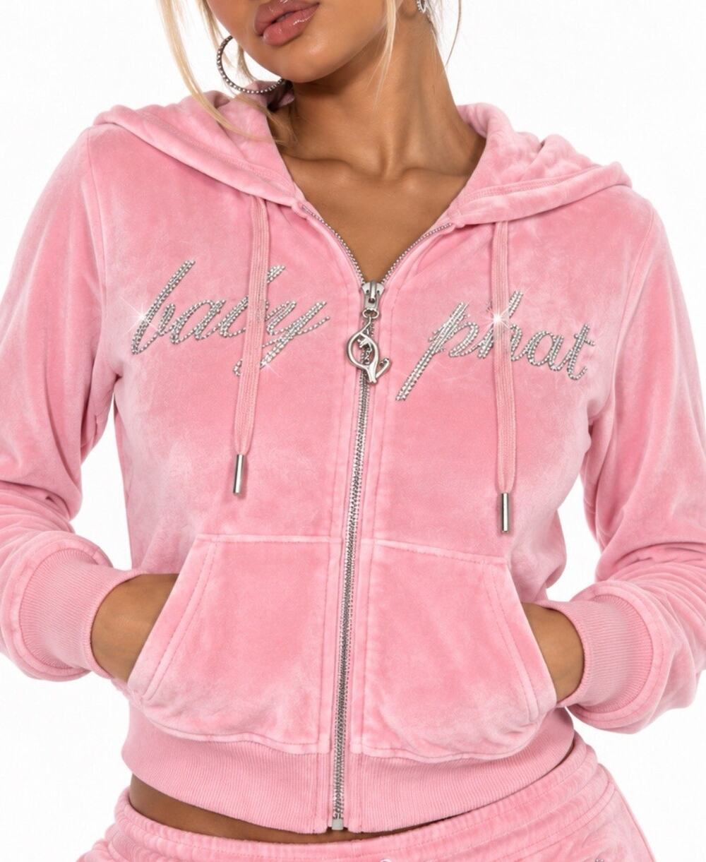 Baby Phat Women’s Medium Pink Velour Zip Up Hoodie Rhinestone Y2K Logo Jacket